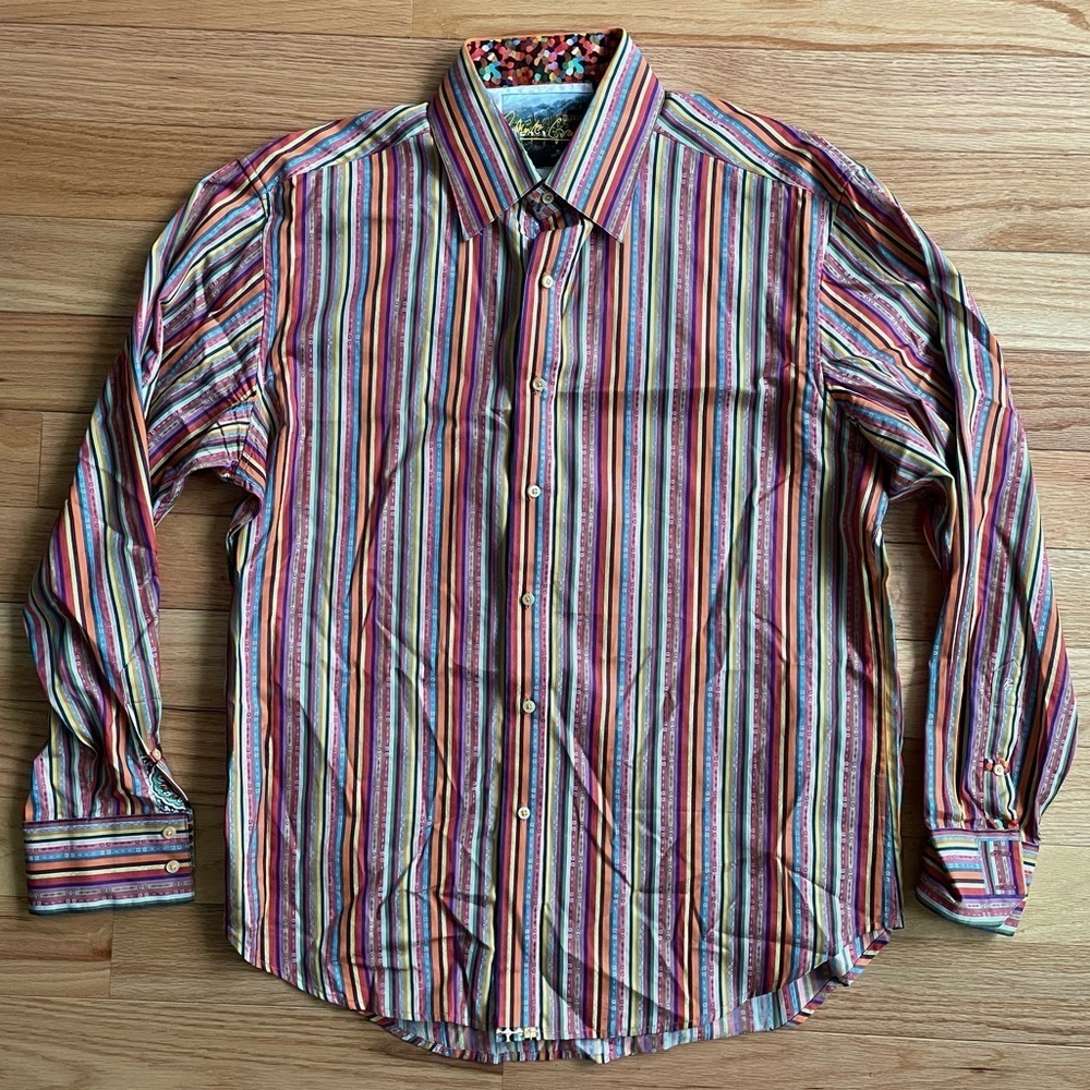 Robert Graham Multicolor Rainbow Stripe Cotton Button Down Shirt EUC Size XL
